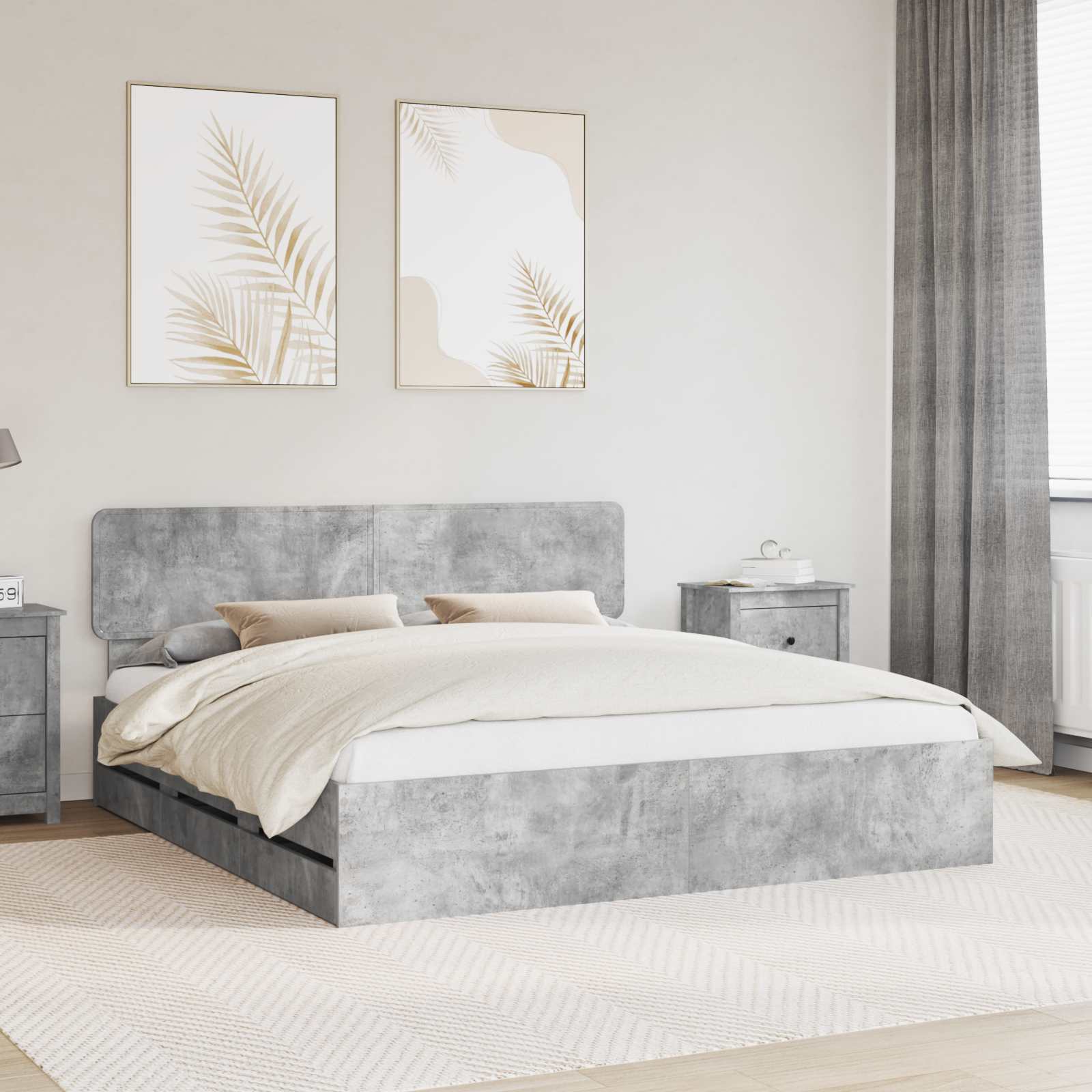 Sengestel med skuffe BetonGrå 200 x 200 cm Konstrueret træ