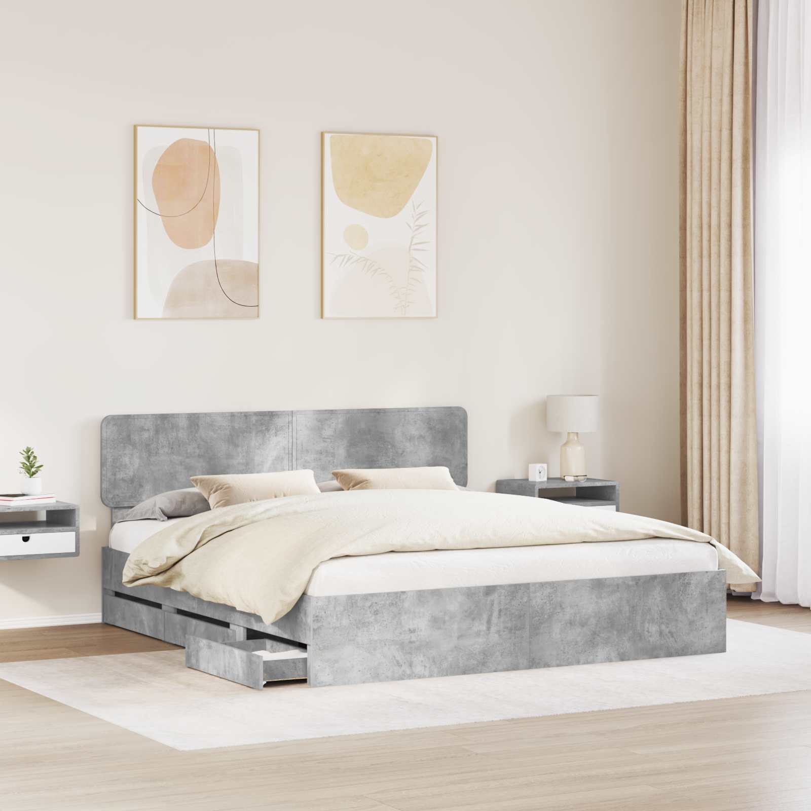 Sengestel med skuffe BetonGrå 200 x 200 cm Konstrueret træ