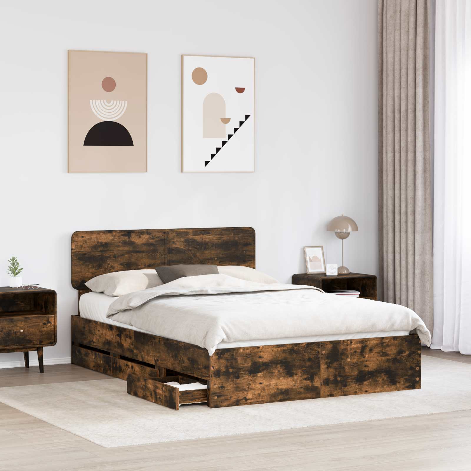 Sengestel med skuffe Røget Eg 150 x 200 cm Konstrueret træ