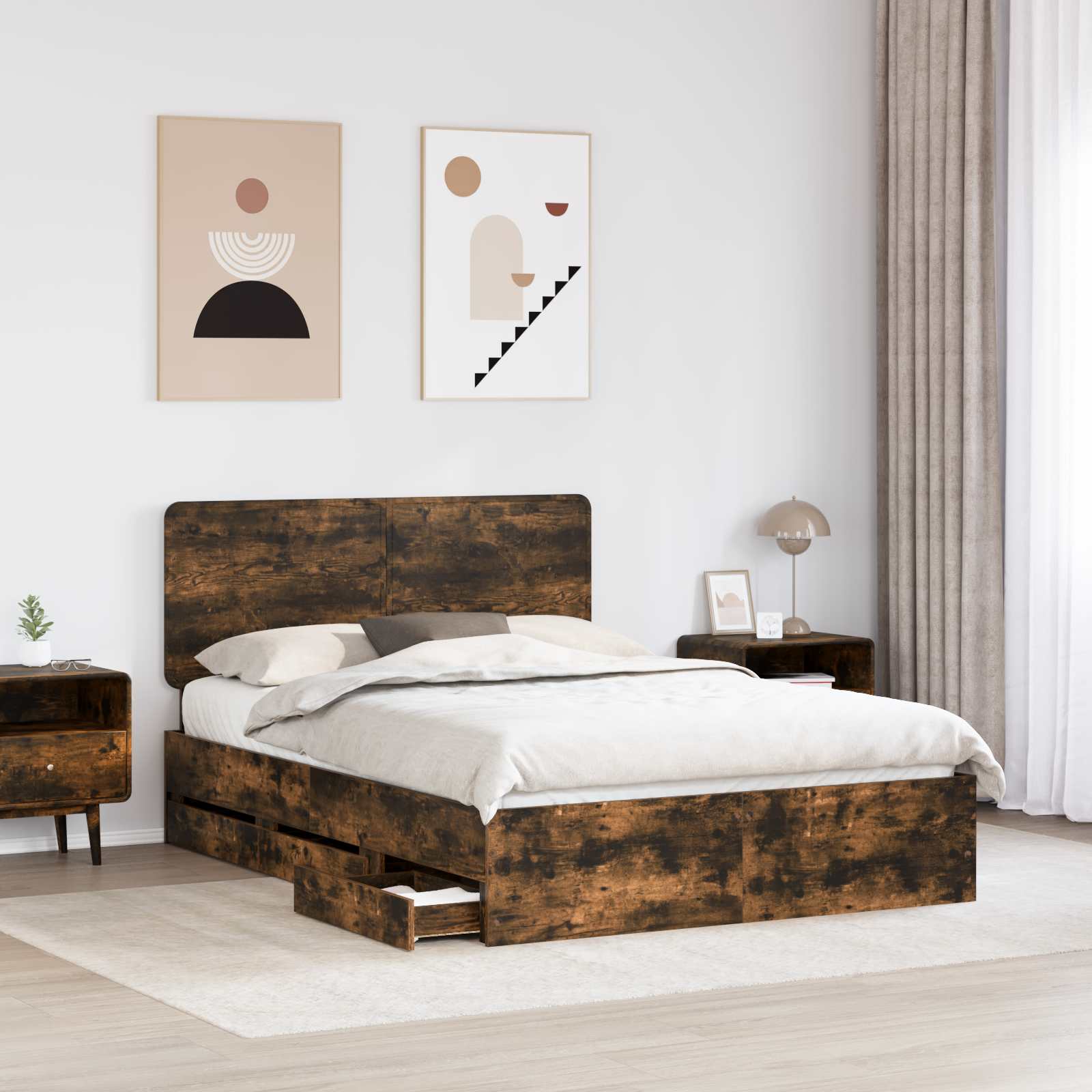 Sengestel med skuffe Røget eg 140 x 190 cm Ingeniørtræ