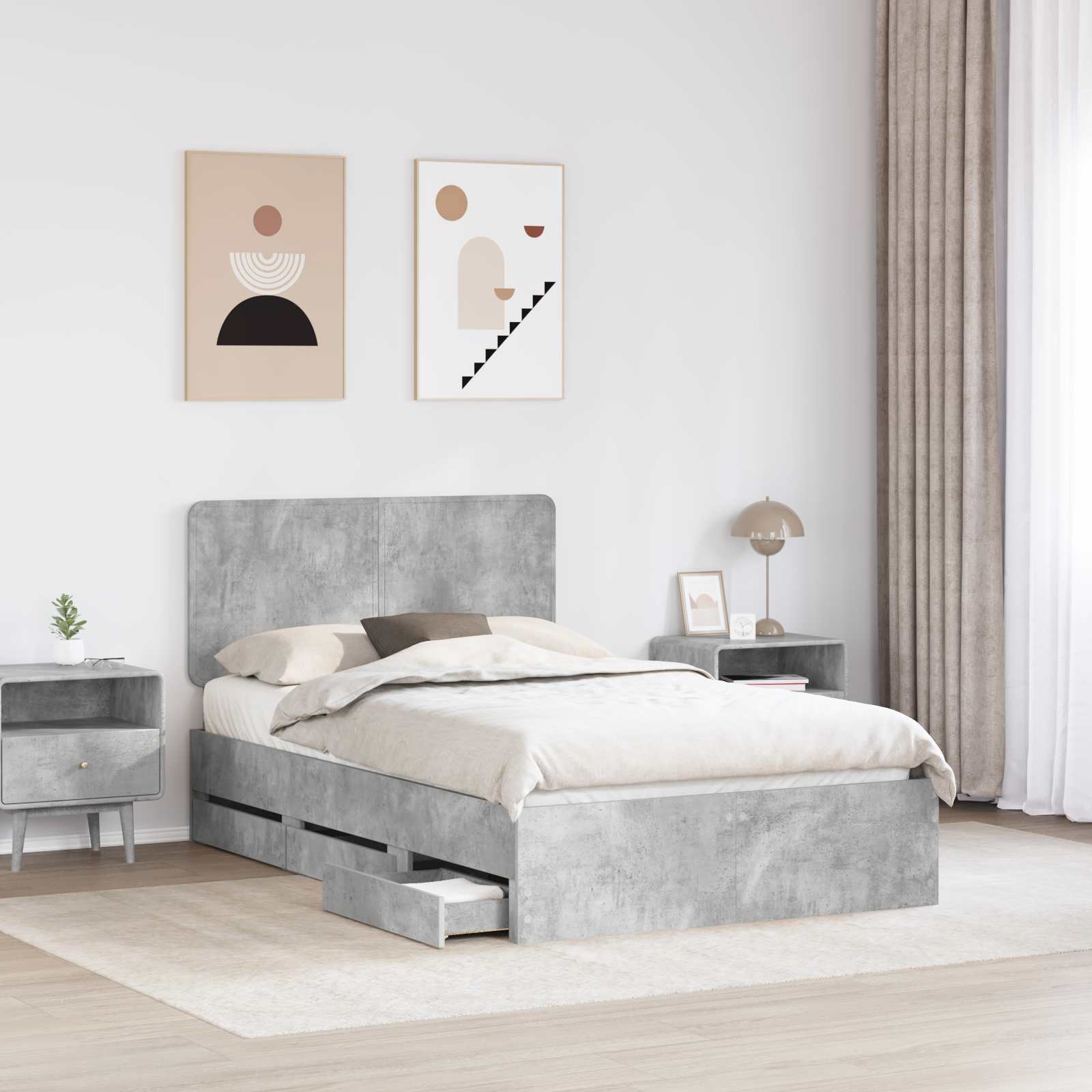 Sengestel med skuffe Beton Grå 135 x 190 cm Ingeniørtræ