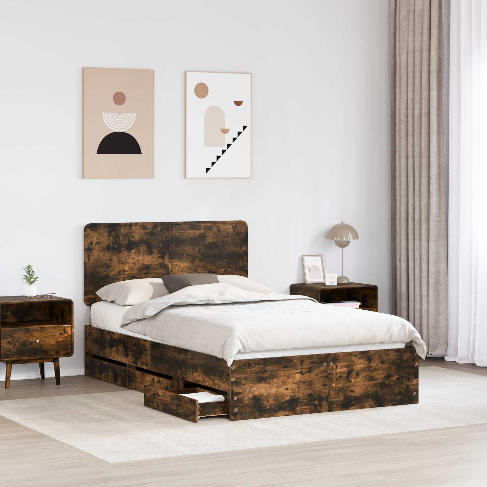 Sengestel med skuffe Røget eg 135 x 190 cm Ingeniørtræ
