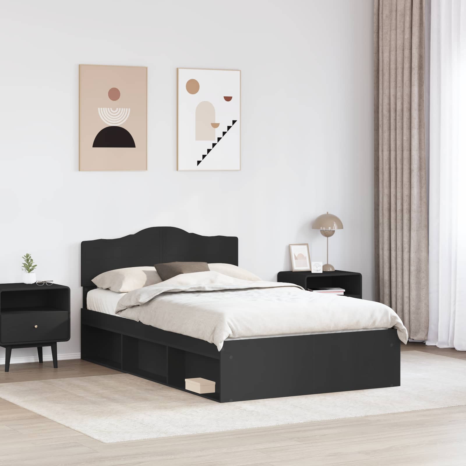 Sengestel med hovedgærde Sort 135 x 190 cm Massiv fyrretræ