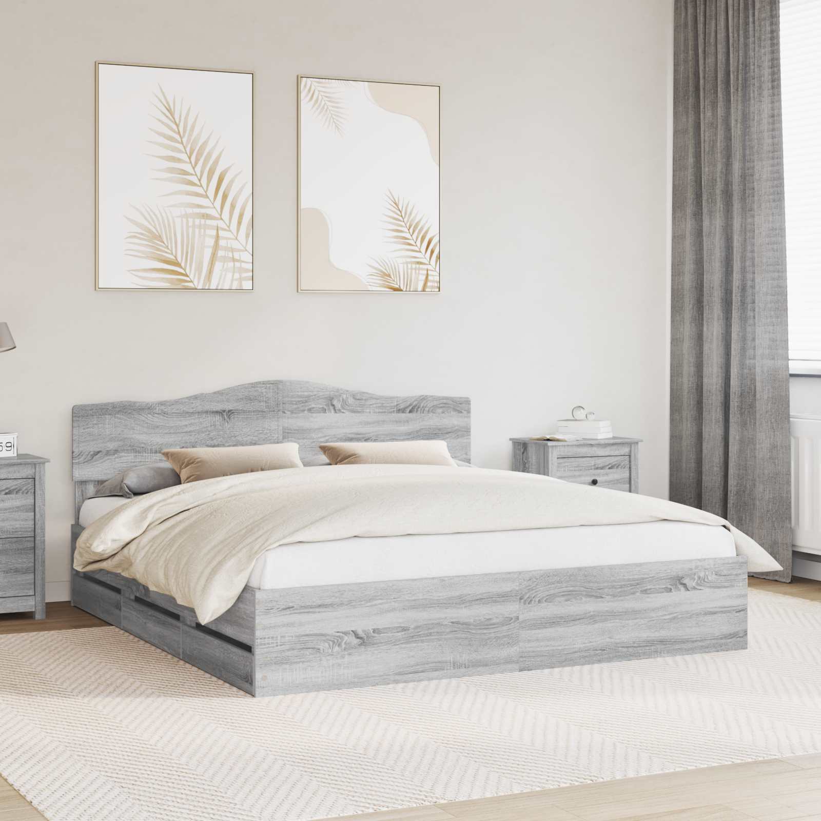 Sengestel med skuffe Grå Sonoma 200 x 200 cm Ingeniørtræ