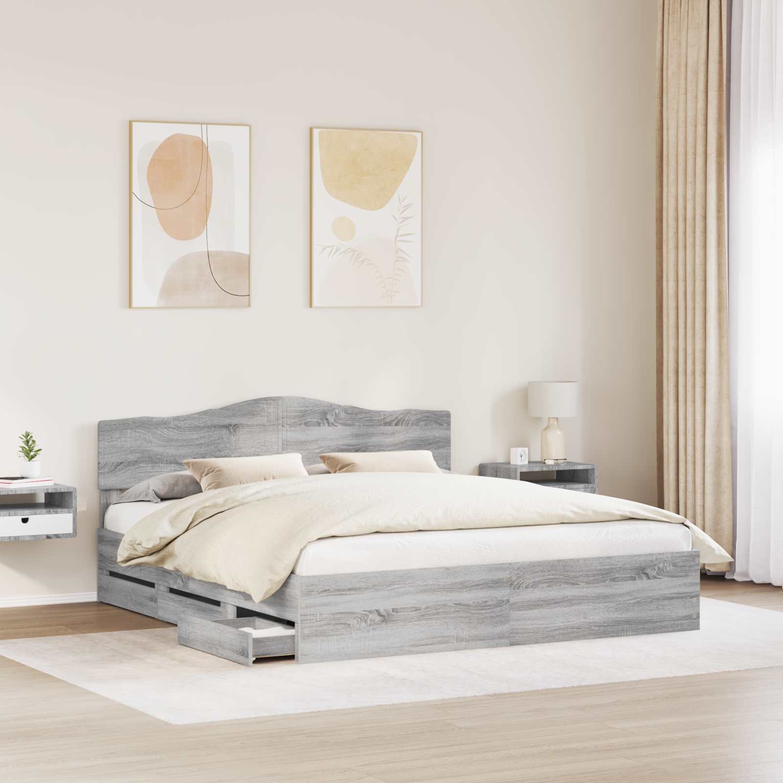 Sengestel med skuffe Grå Sonoma 200 x 200 cm Ingeniørtræ