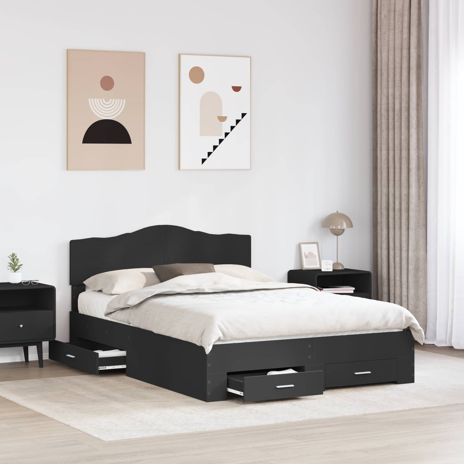 Sengestel med hovedgærde Sort 140 x 190 cm Konstrueret træ