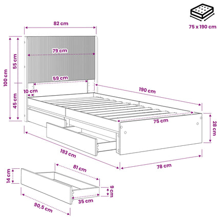 Sengestel med opbevaring og hovedgærde Sort 75 x 190 cm
