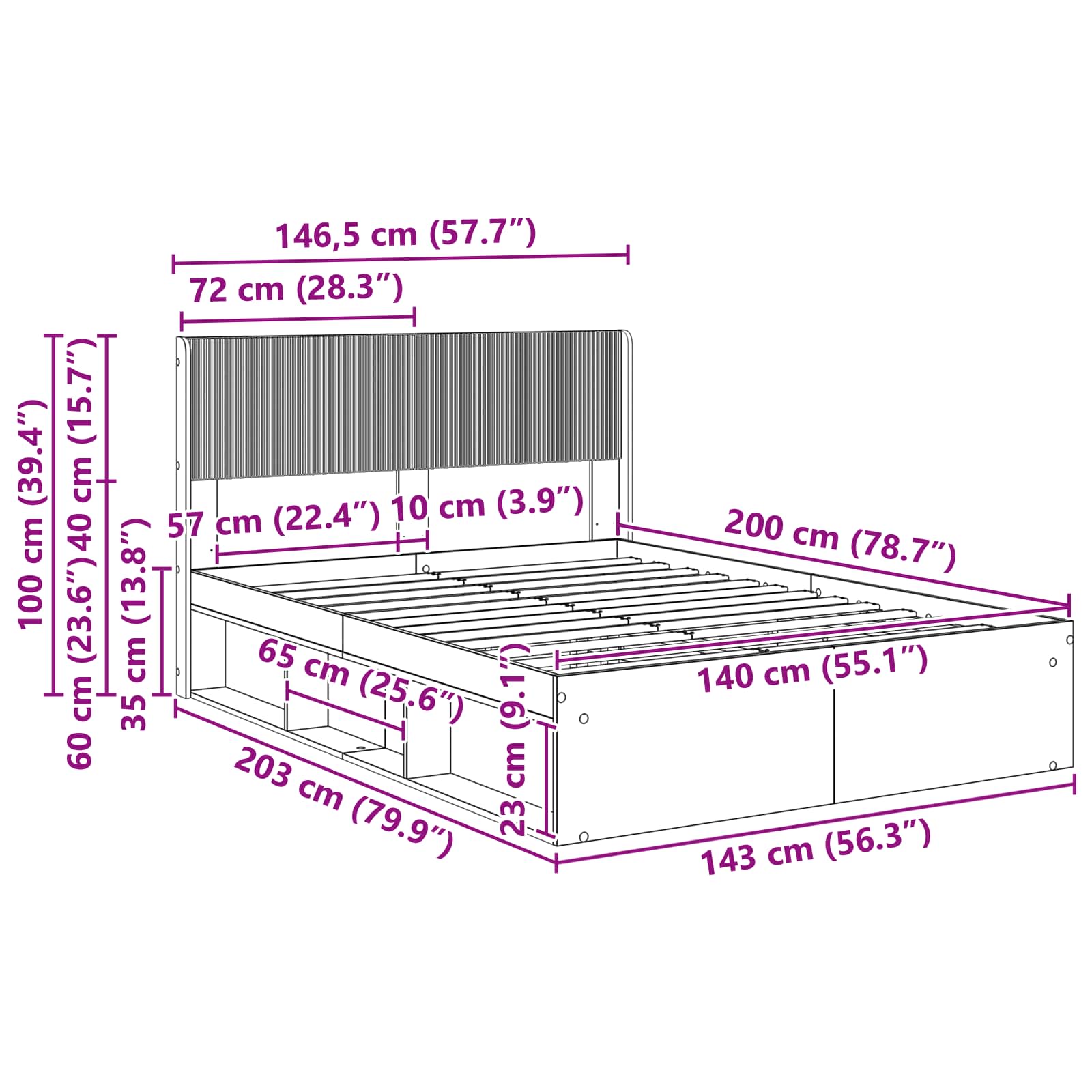 Sengestel med opbevaring og hovedgærde Sort 140 x 200 cm