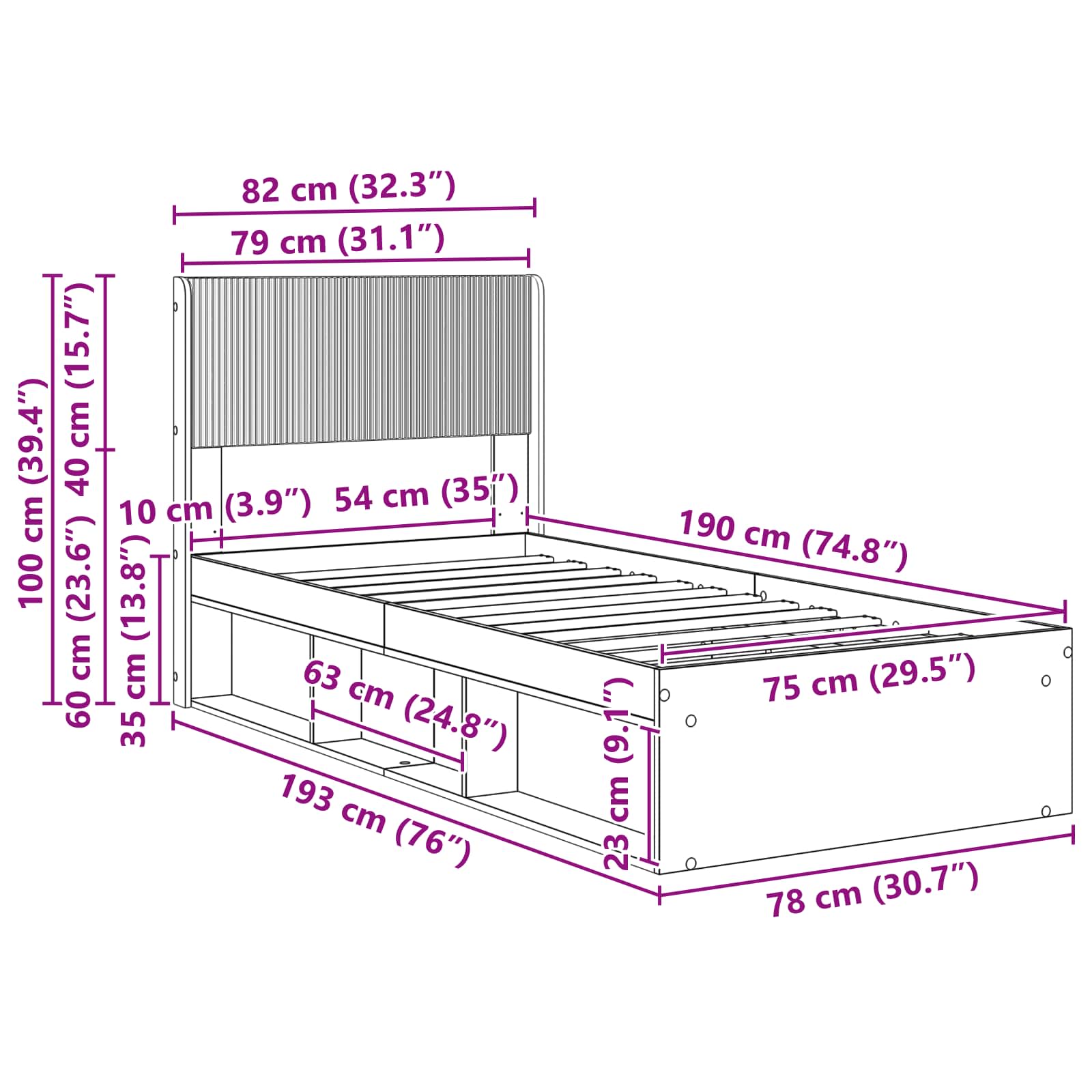 Sengestel med opbevaring og hovedgærde Gammelt træ 75 x 190 cm