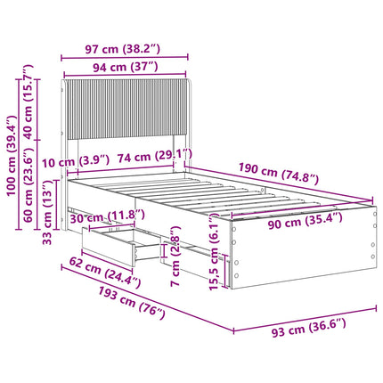 Sengestel med opbevaring og hovedgærde Betongrå 90 x 190 cm