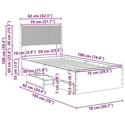 Sengestel med opbevaring og hovedgærde Hvid 75 x 190 cm