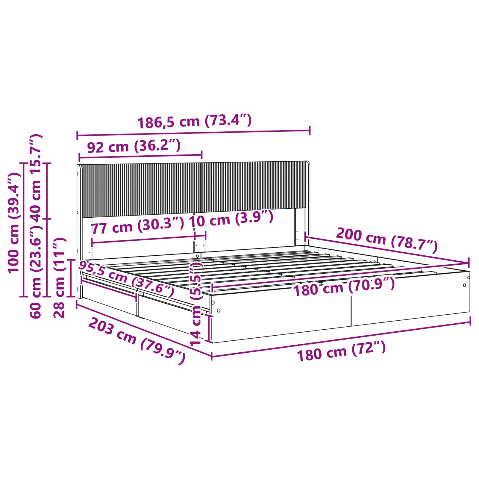 Sengestel med opbevaring og hovedgærde Hvid 180 x 200 cm