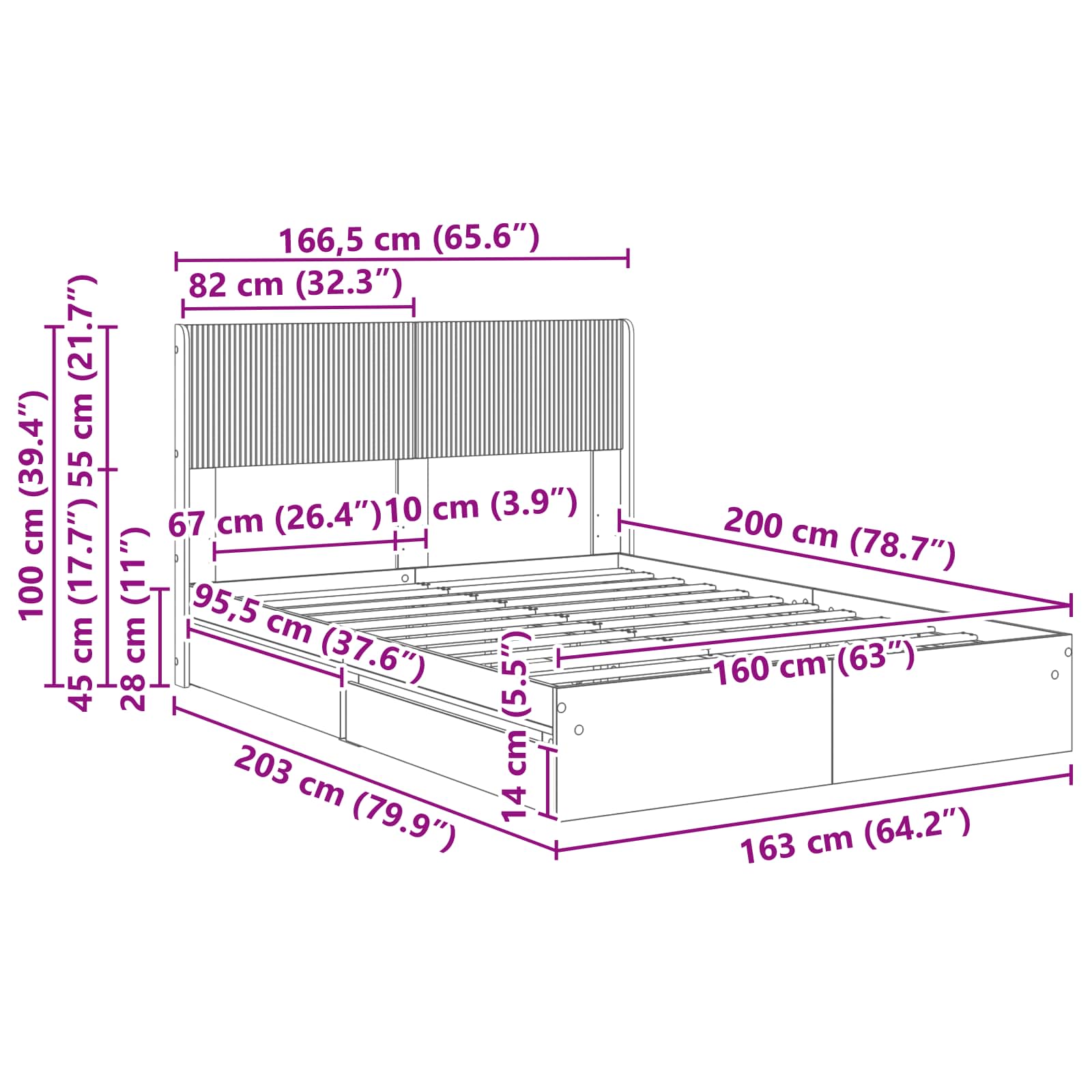 Sengestel med opbevaring og hovedgærde Sonoma-eg 160 x 200 cm