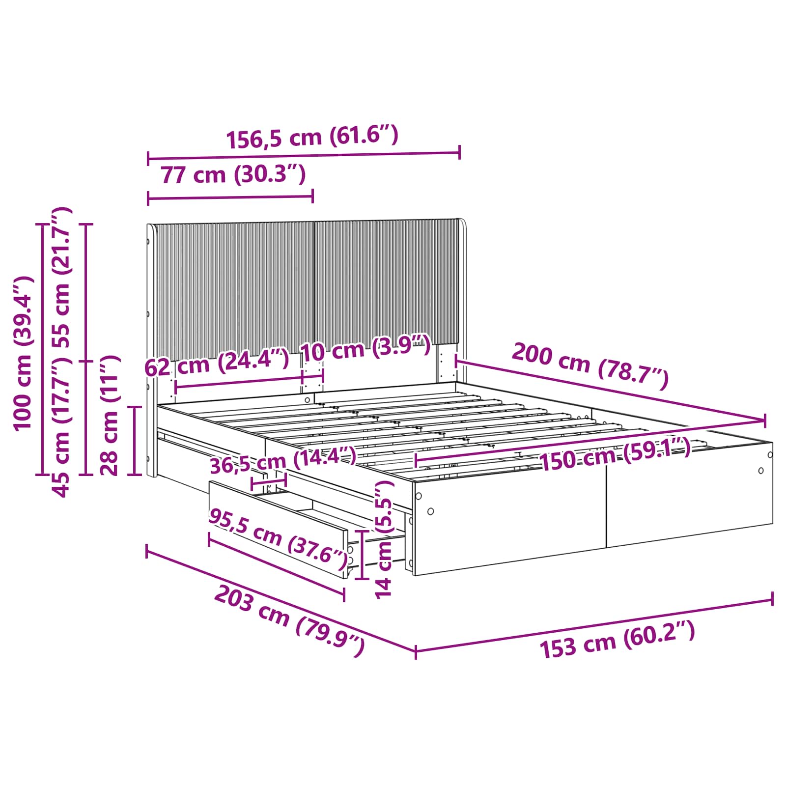 Sengestel med opbevaring og hovedgærde Betongrå 150 x 200 cm