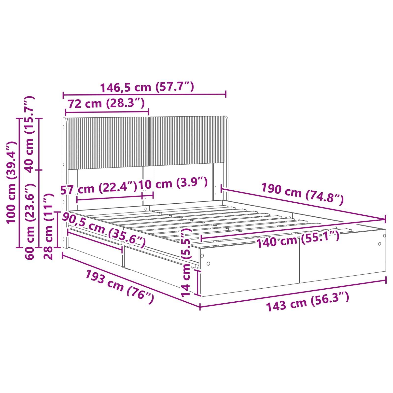Sengestel med opbevaring og hovedgærde Sonoma-eg 140 x 200 cm
