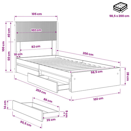 Sengestel med opbevaring og hovedgærde Røget eg 100 x 200 cm