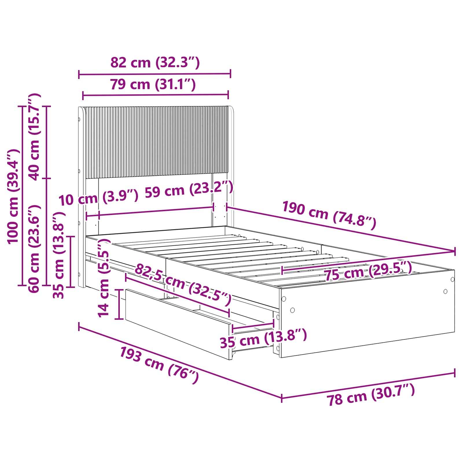 Sengestel med opbevaring og hovedgærde Hvid 75 x 190 cm