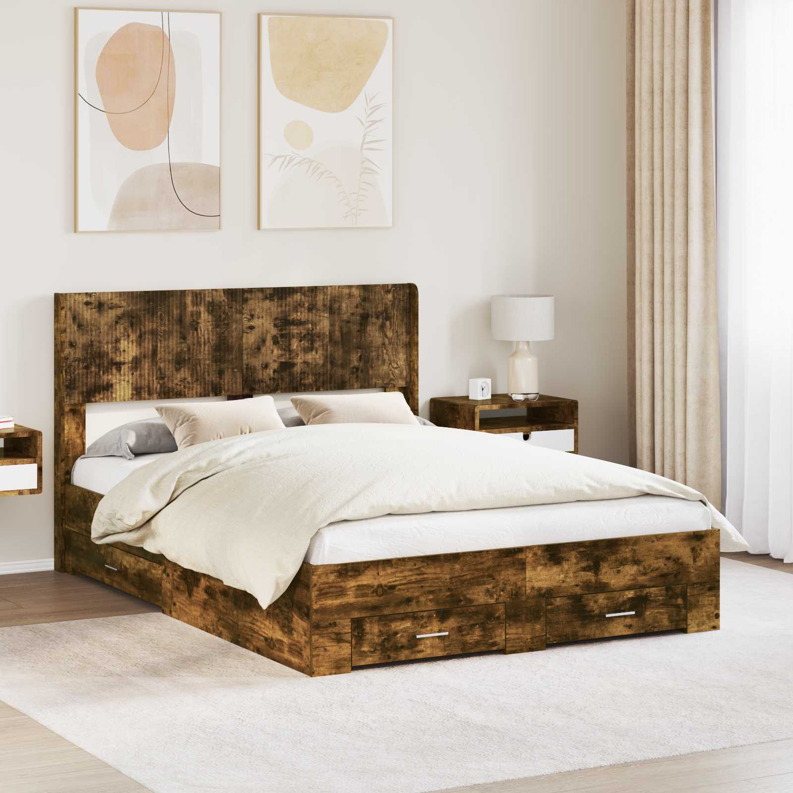 Sengestel med opbevaring og hovedgærde Røget eg 140 x 190 cm