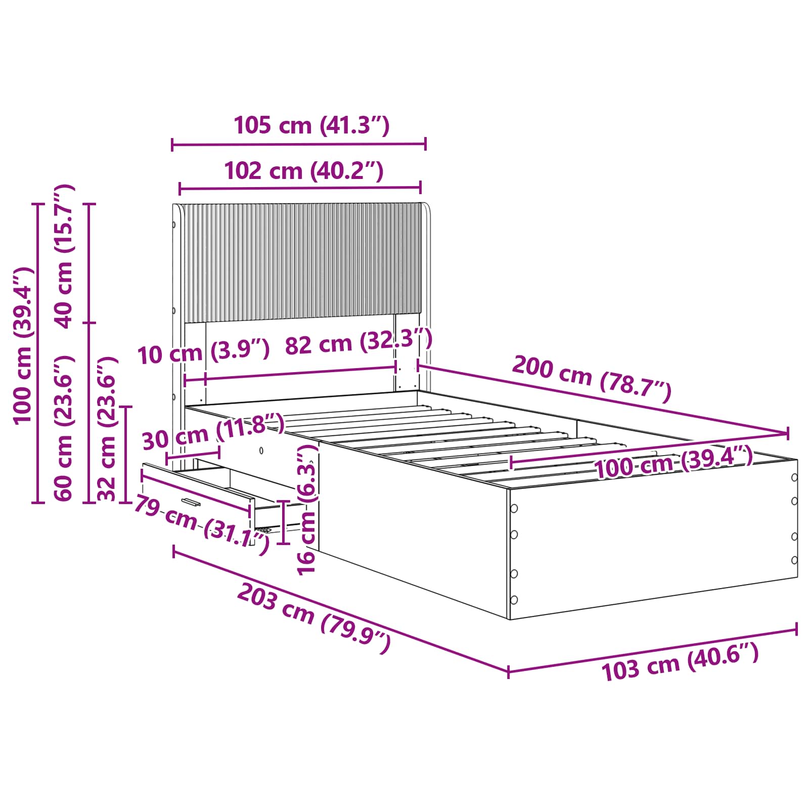 Sengestel med opbevaring og hovedgærde Betongrå 100 x 200 cm