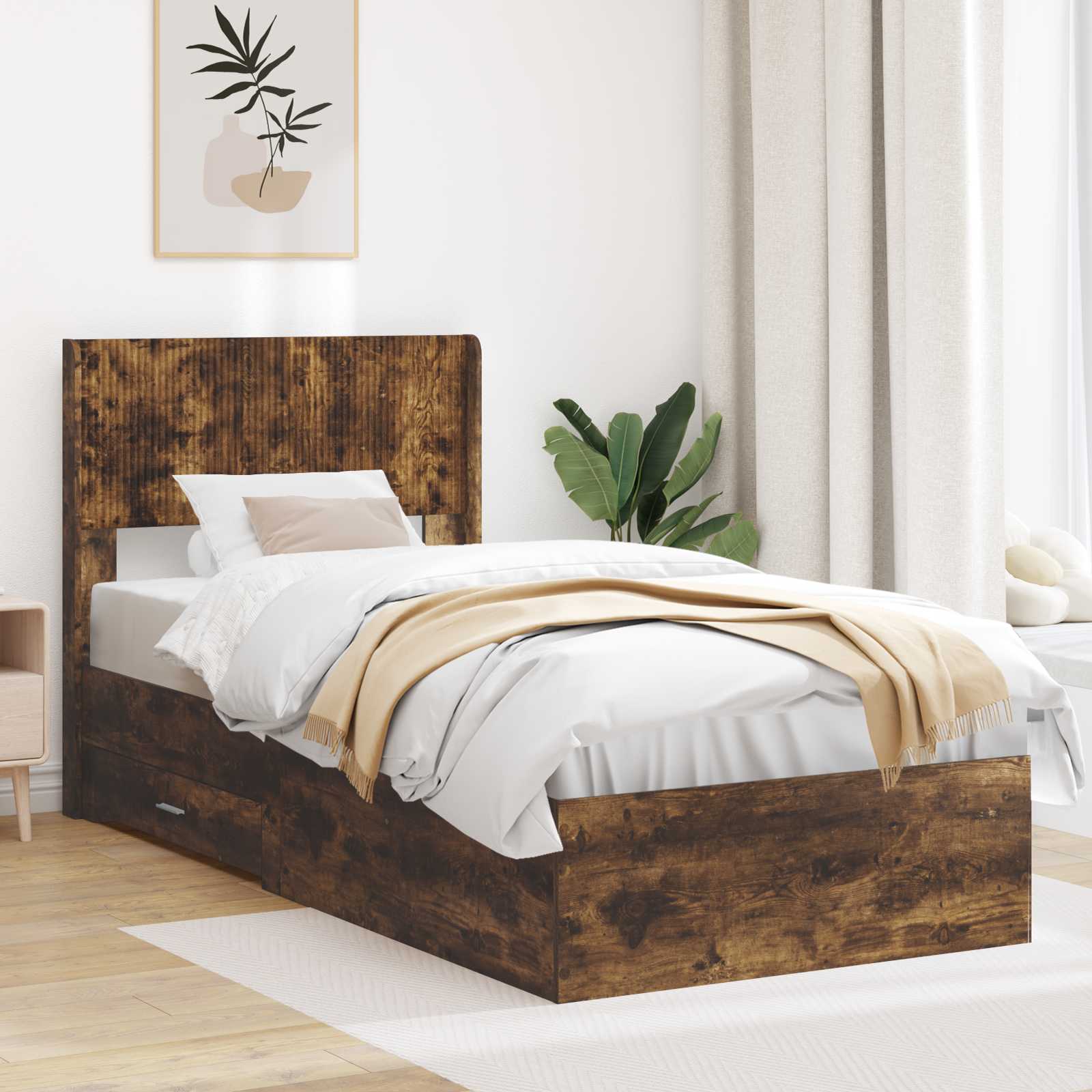 Sengestel med opbevaring og hovedgærde Røget eg 100 x 200 cm