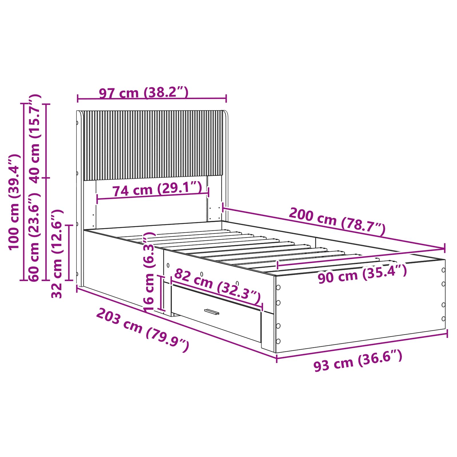 Sengestel med opbevaring og hovedgærde Sonoma-eg 90 x 200 cm