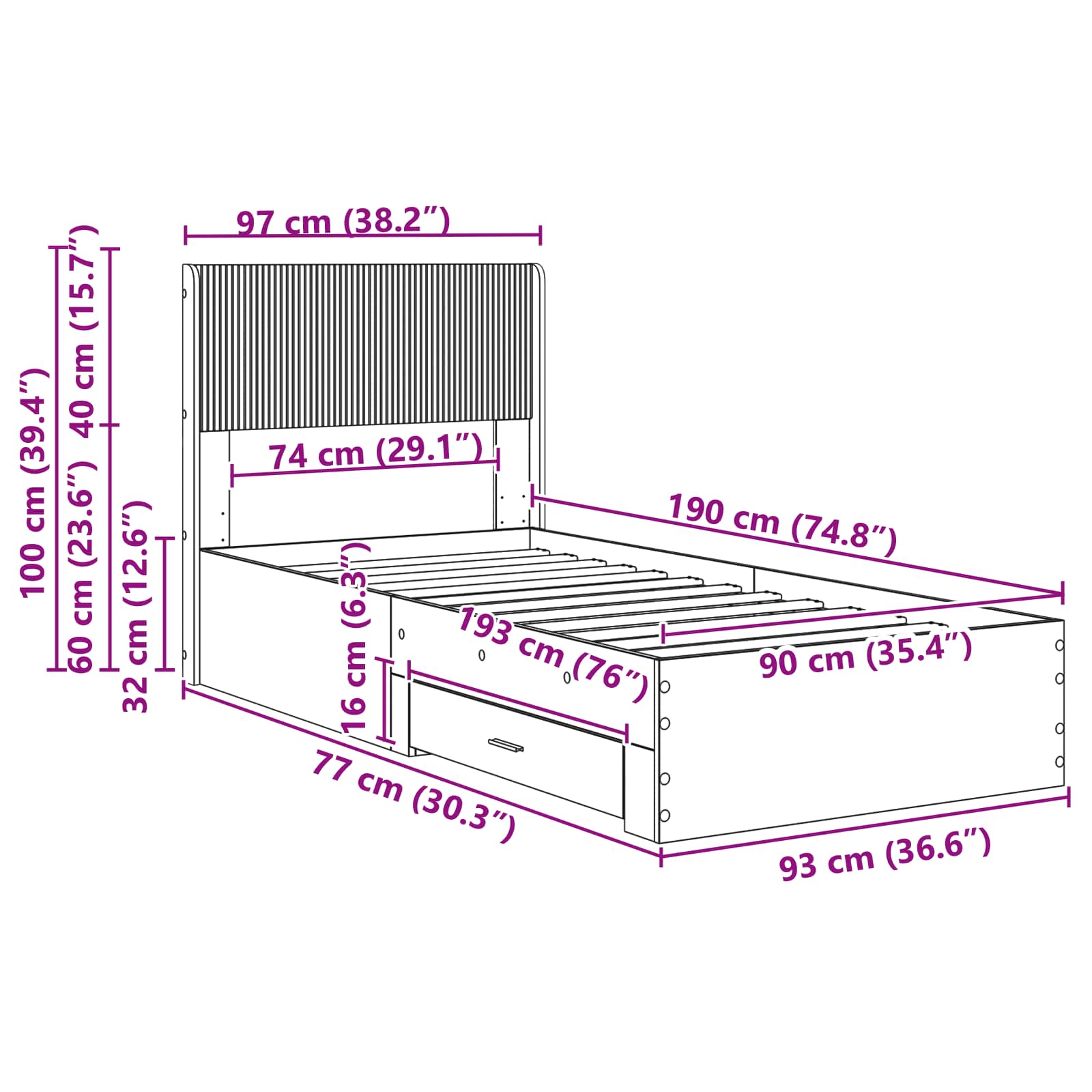 Sengestel med opbevaring og hovedgærde Sonoma-eg 90 x 190 cm