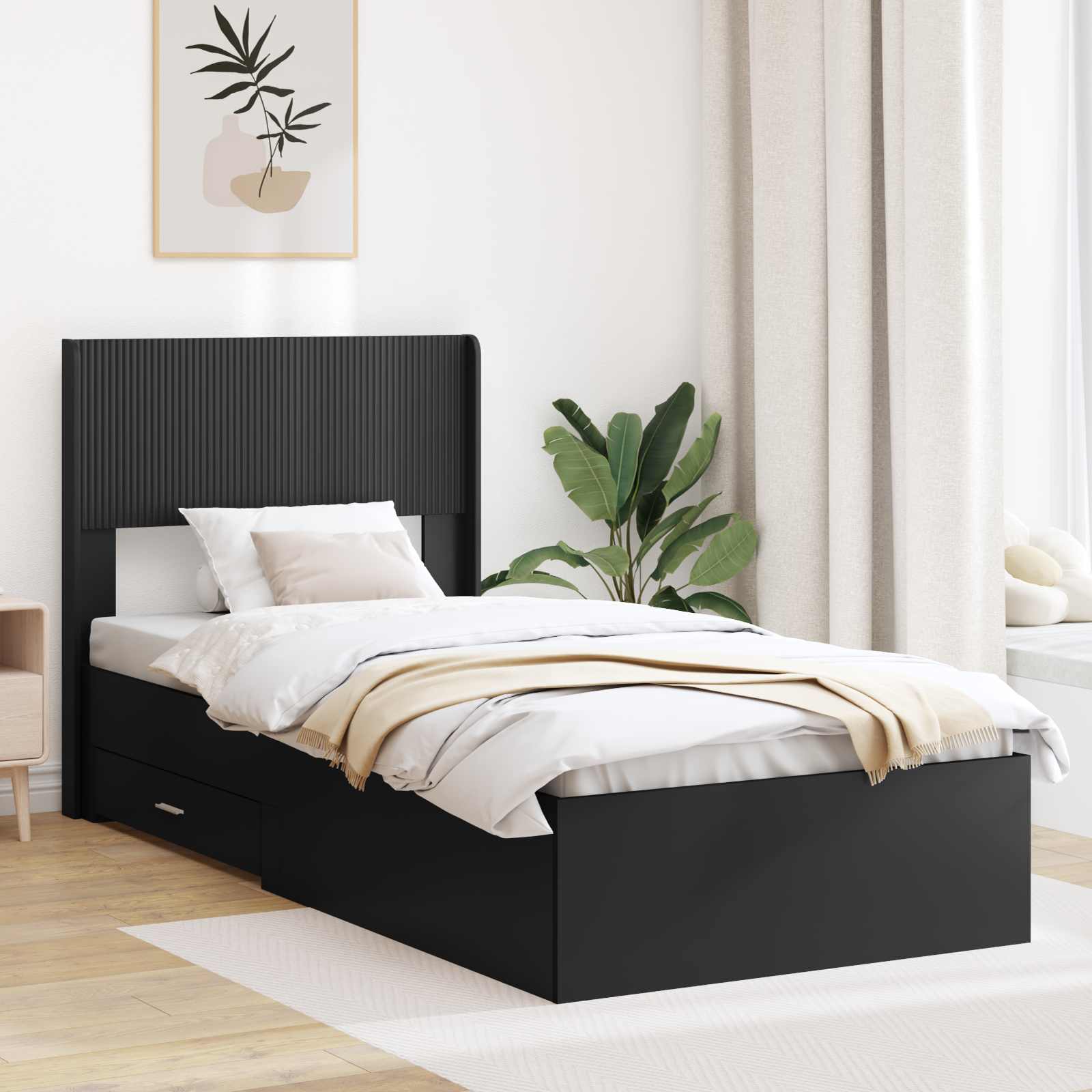 Sengestel med opbevaring og hovedgærde Sort 75 x 190 cm