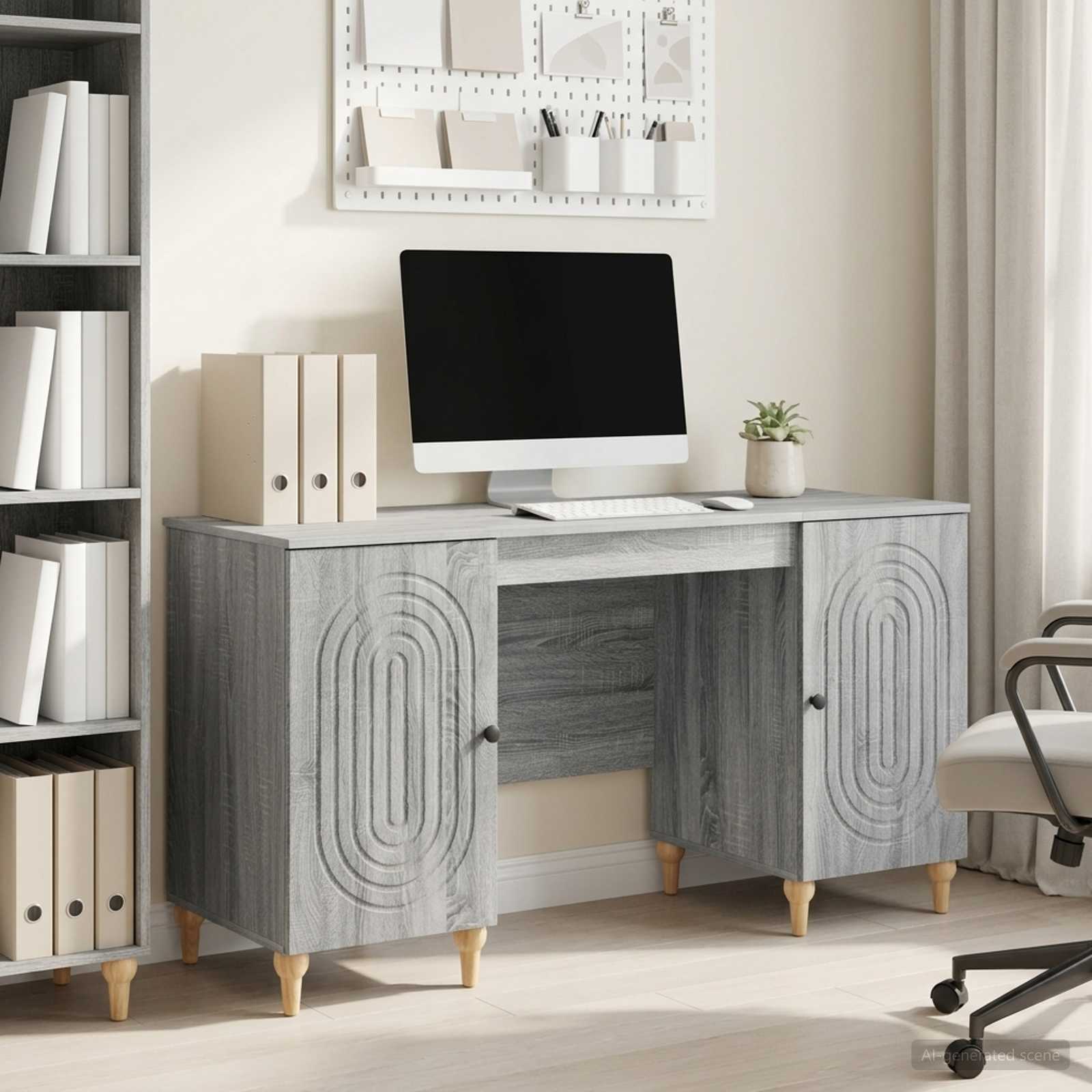 Skrivebord med hylde - grå sonoma-eg 142,5 × 50 × 75 cm, konstrueret træ
