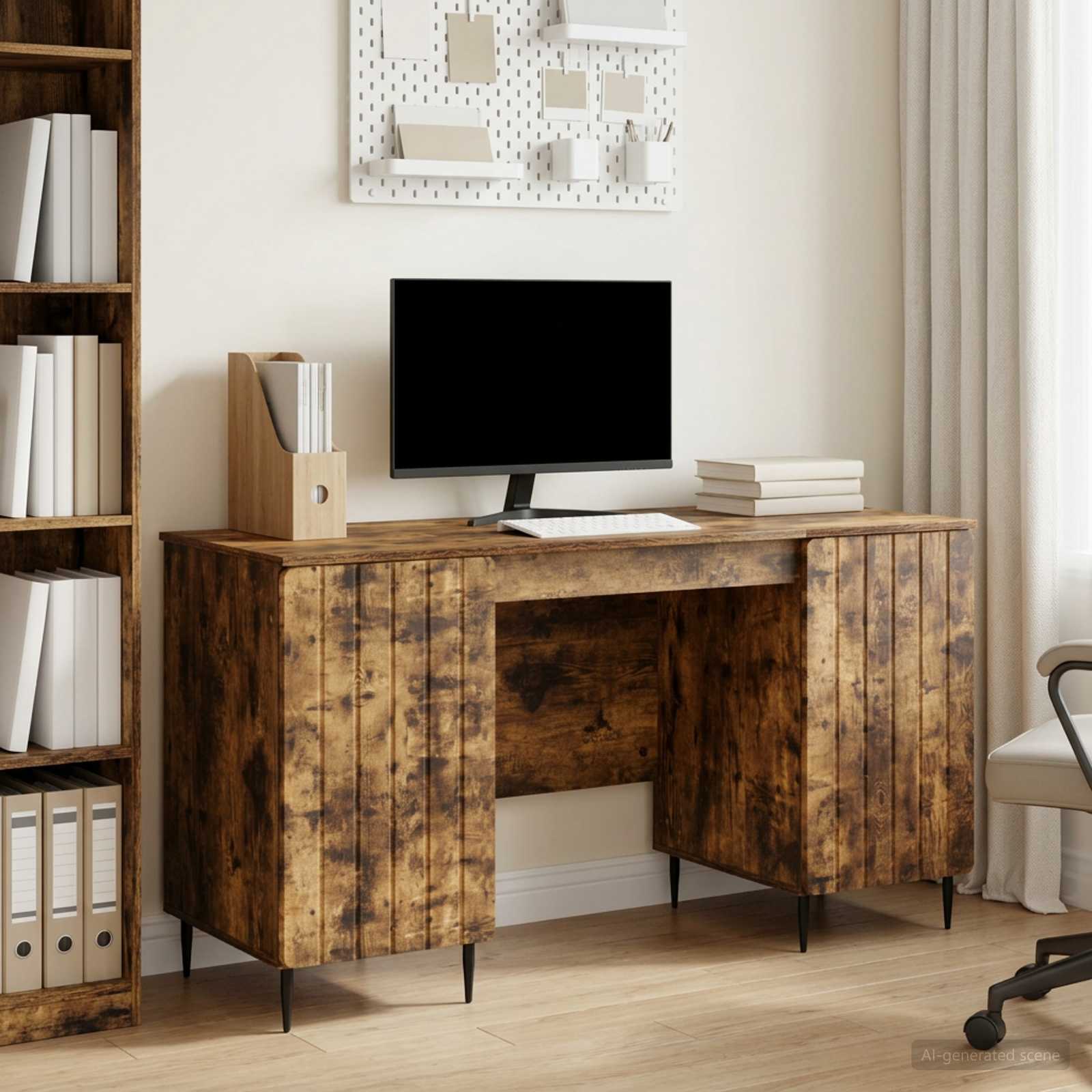 Skrivebord med hylde - røget eg, 142,5 × 50 × 75 cm, konstrueret træ