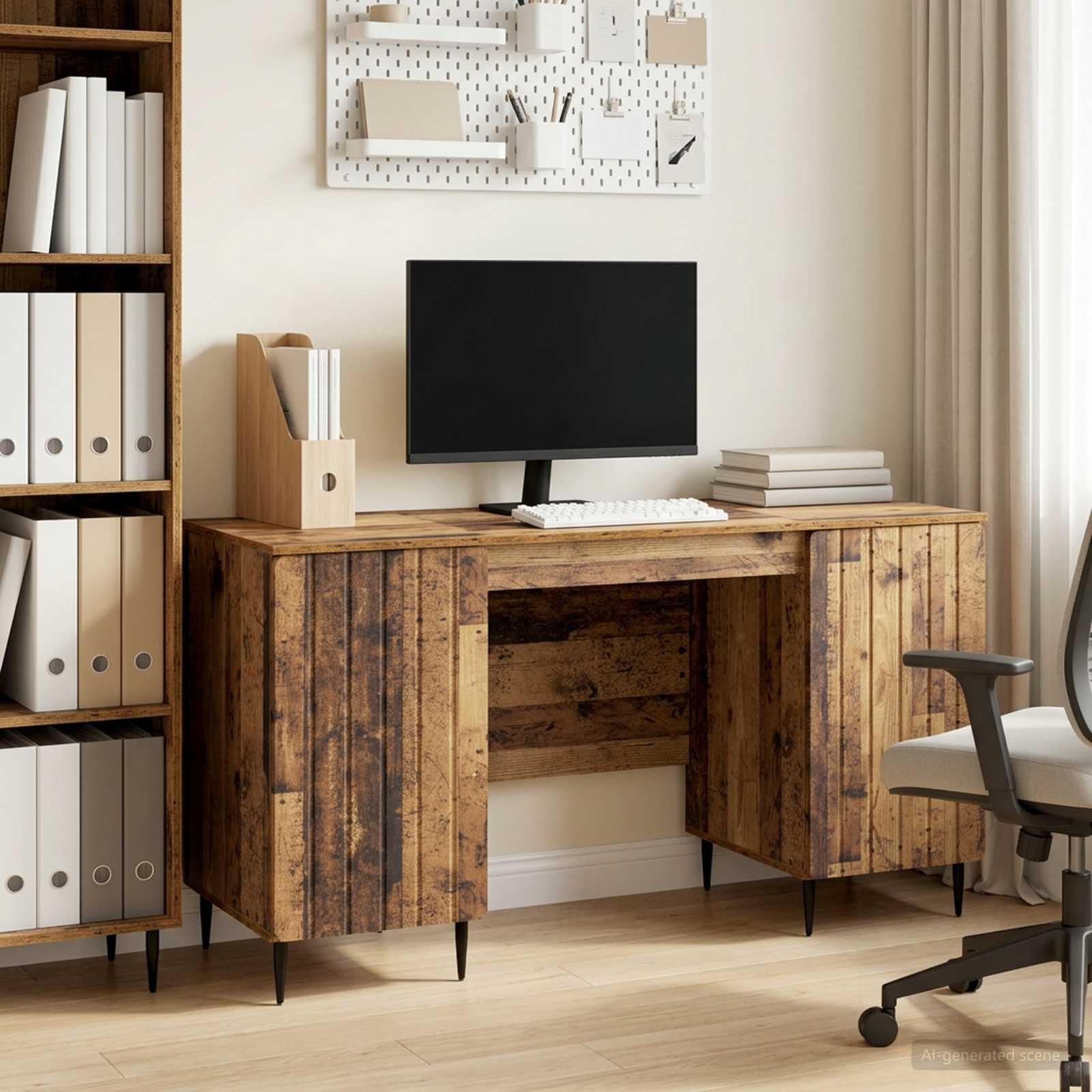 Skrivebord med hylde - gammelt træ look, 142,5 × 50 × 75 cm, konstrueret træ