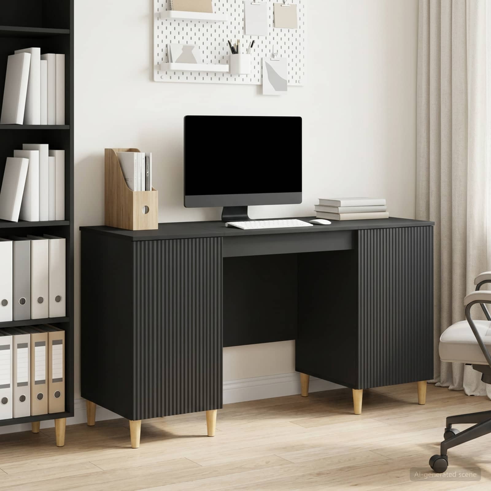 Skrivebord med hylde og døre - sort, 142,5 × 50 × 75 cm, konstrueret træ