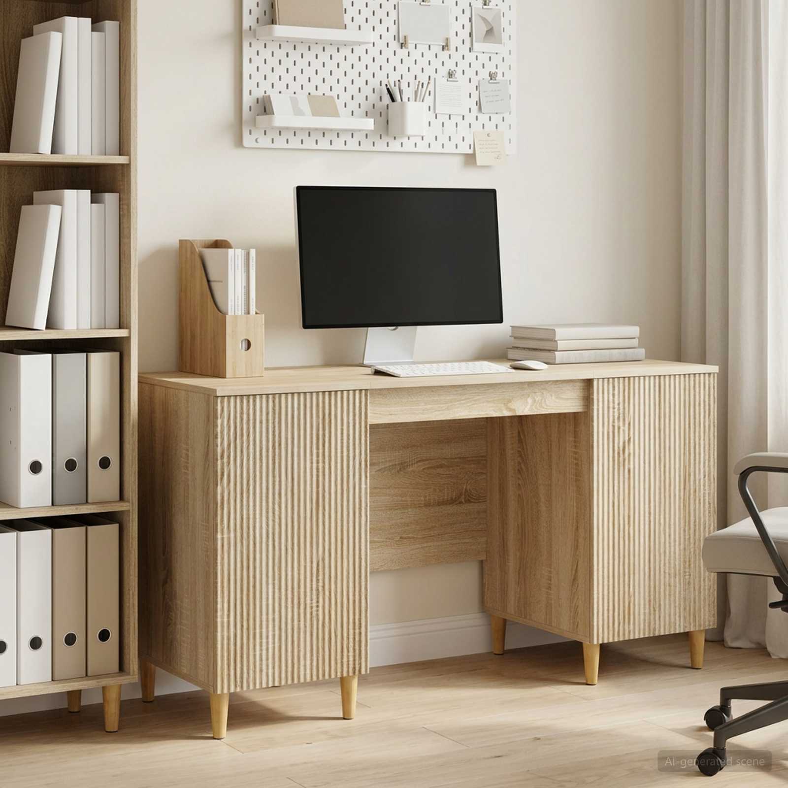 Skrivebord med hylde - Sonoma-eg, 142,5 × 50 × 75 cm, konstrueret træ