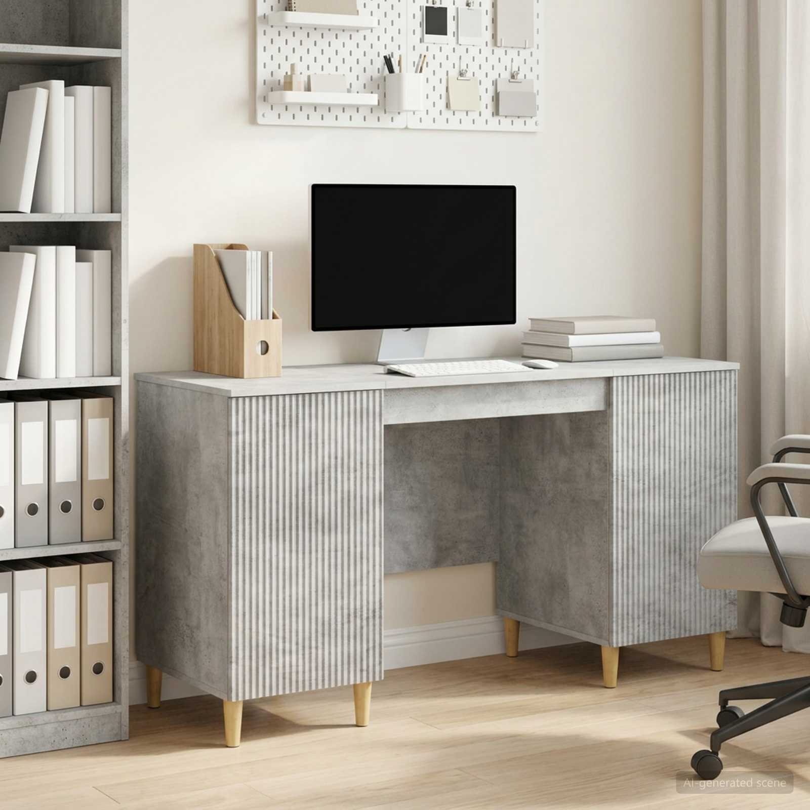 Skrivebord med hylde - betongrå 142,5 × 50 × 75 cm, konstrueret træ