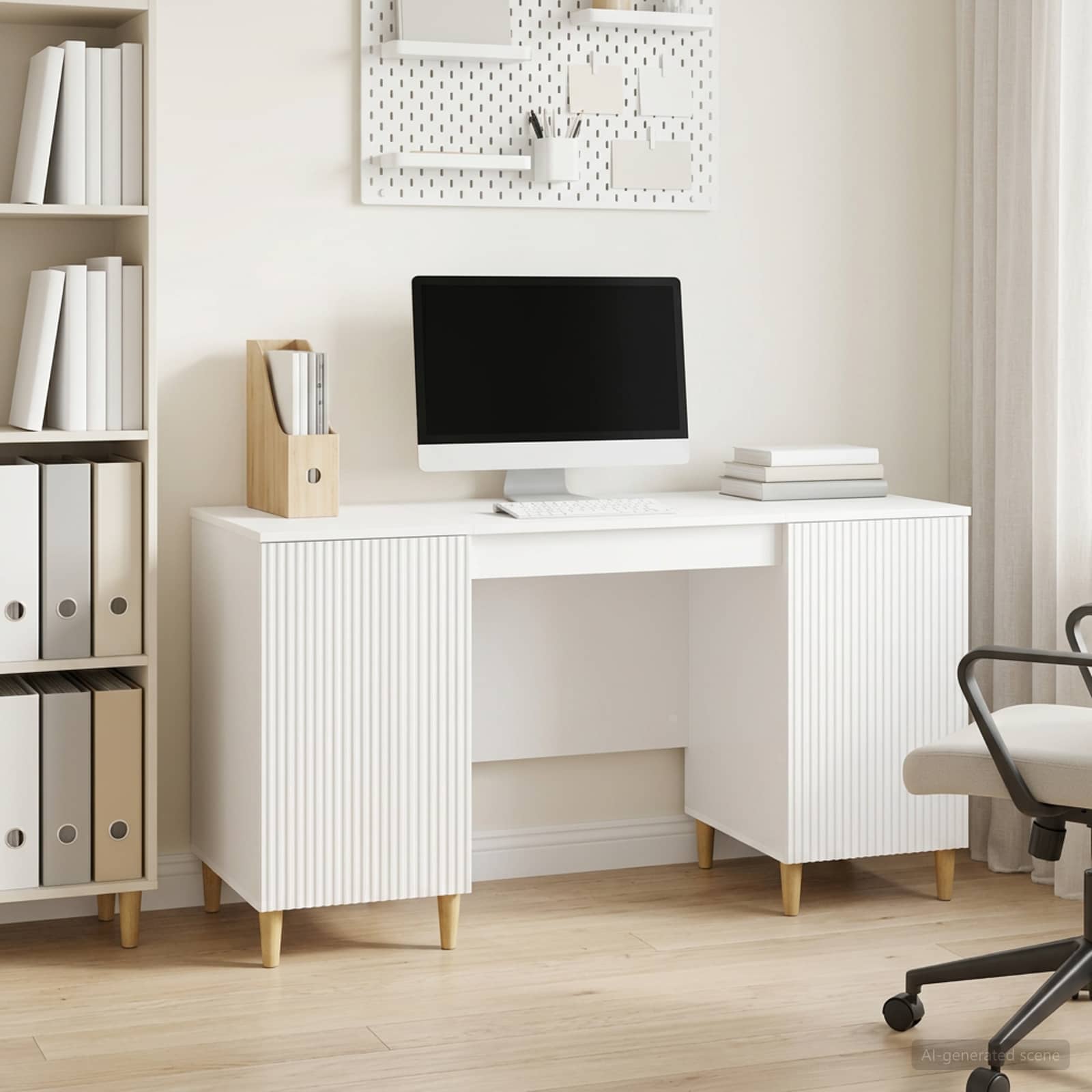 Skrivebord med hylder - hvid højglans, 142,5 × 50 × 75 cm, konstrueret træ