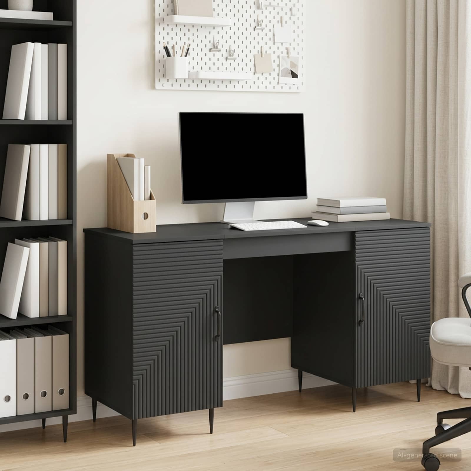 Skrivebord med hylder og døre - sort 142,5 × 50 × 75 cm, konstrueret træ