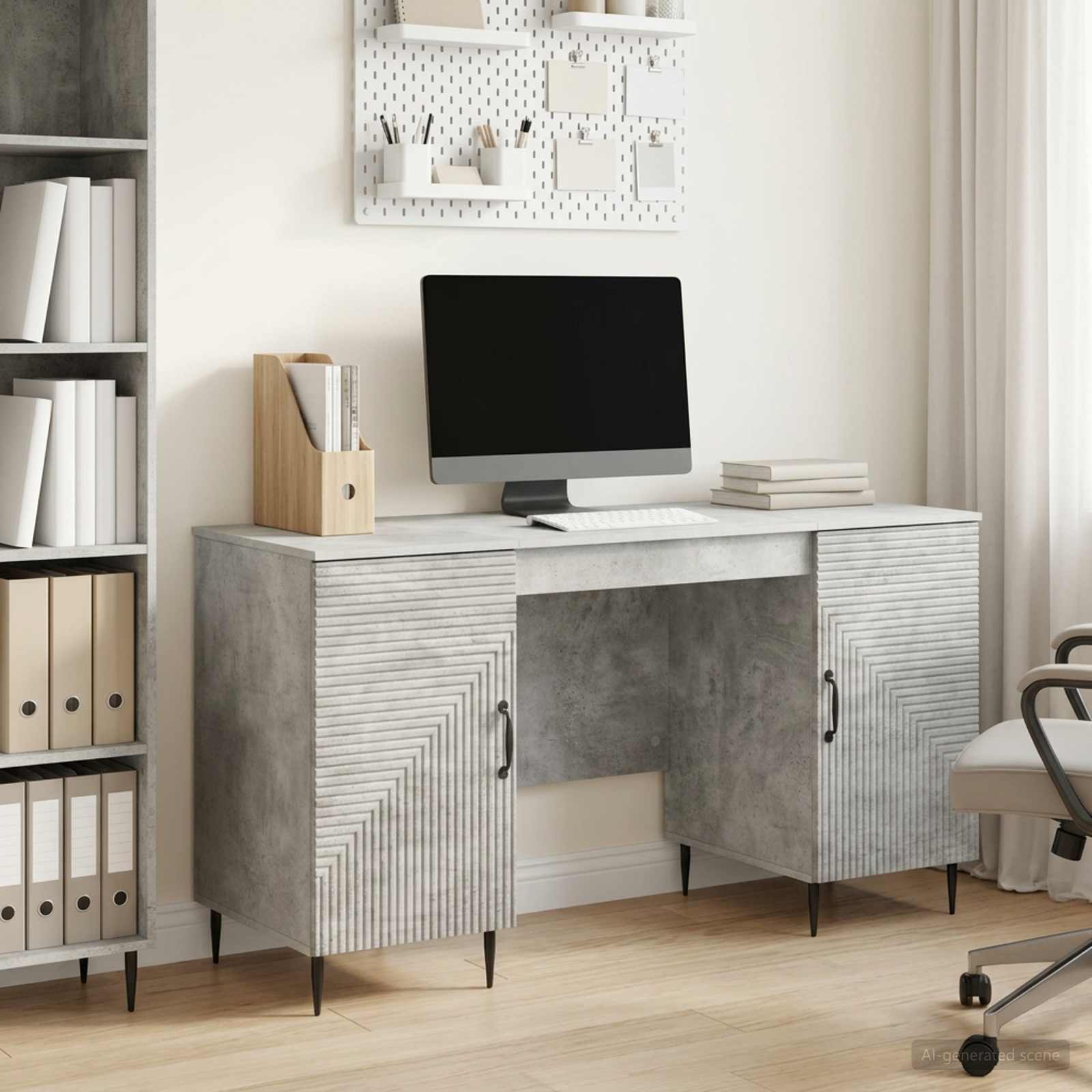 Skrivebord med hylde - betongrå 142,5 × 50 × 75 cm i konstrueret træ