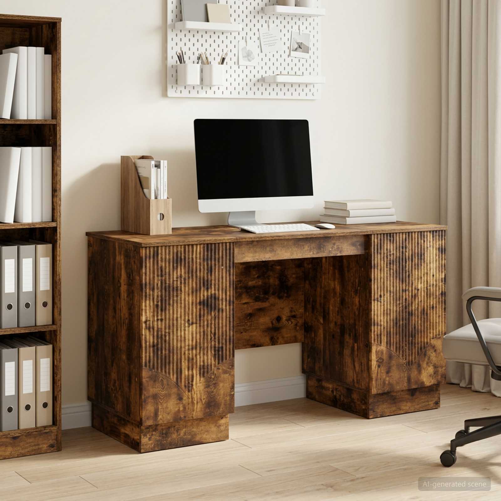 Skrivebord med hylder - røget eg, 142,5 × 50 × 75 cm, konstrueret træ