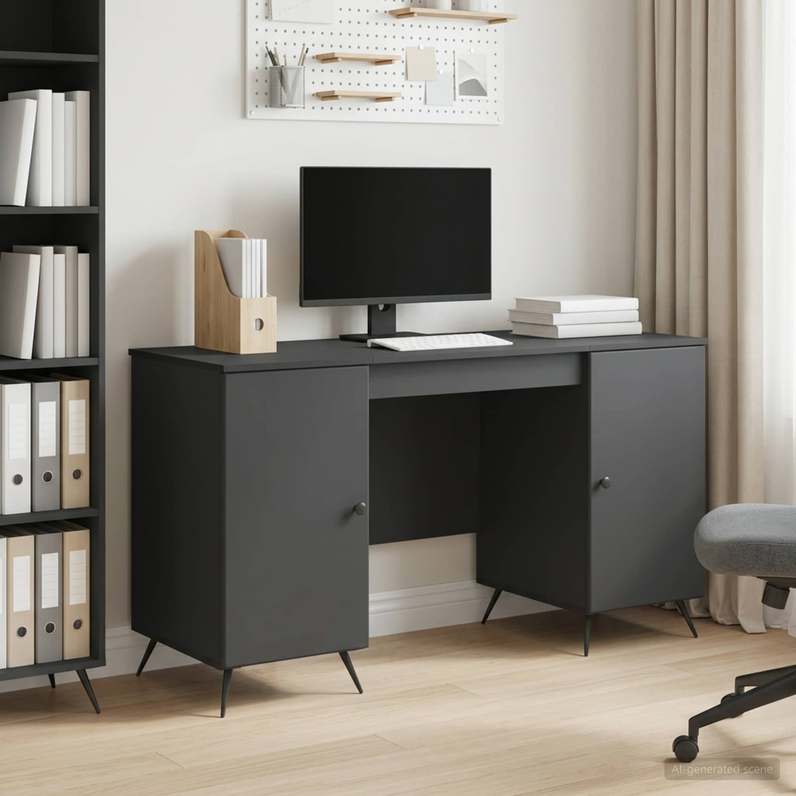 Skrivebord med hylder og døre - sort 142,5 × 50 × 75 cm, konstrueret træ