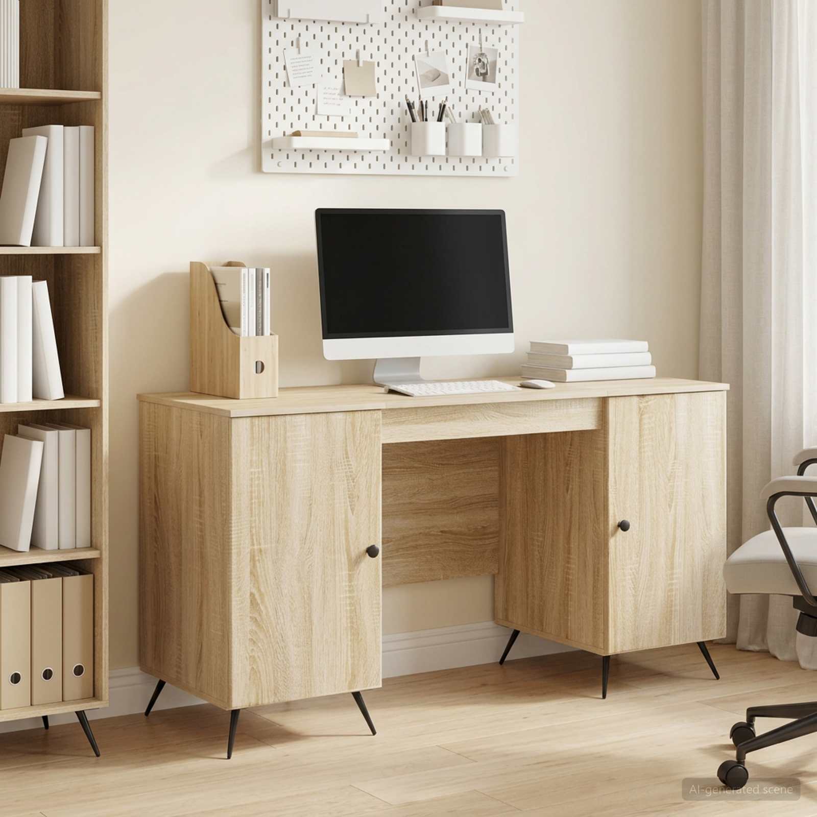 Skrivebord med hylde - sonoma eg 142,5 × 50 × 75 cm, konstrueret træ