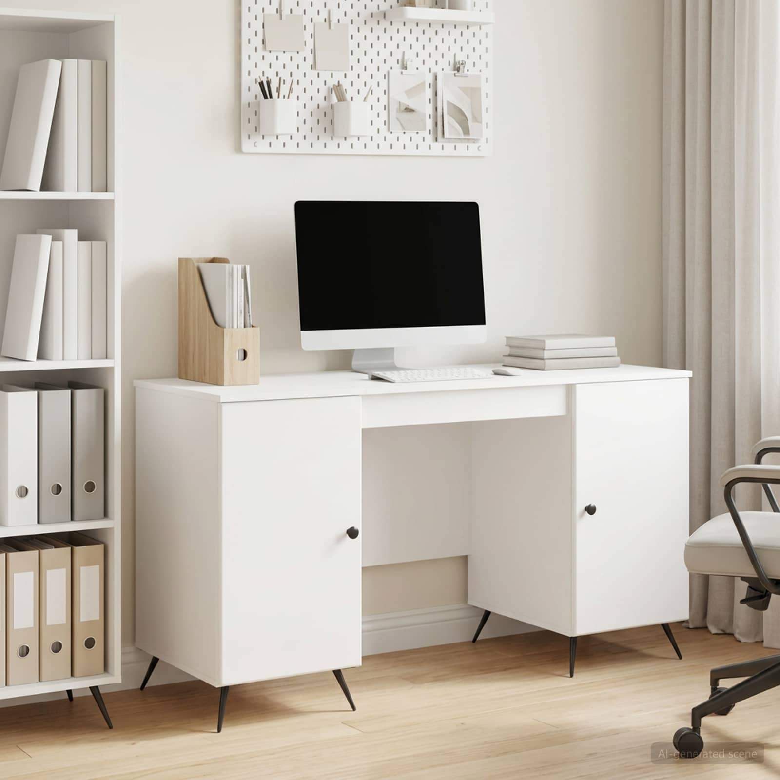 Skrivebord med hylder - hvid højglans 142,5 × 50 × 75 cm, konstrueret træ