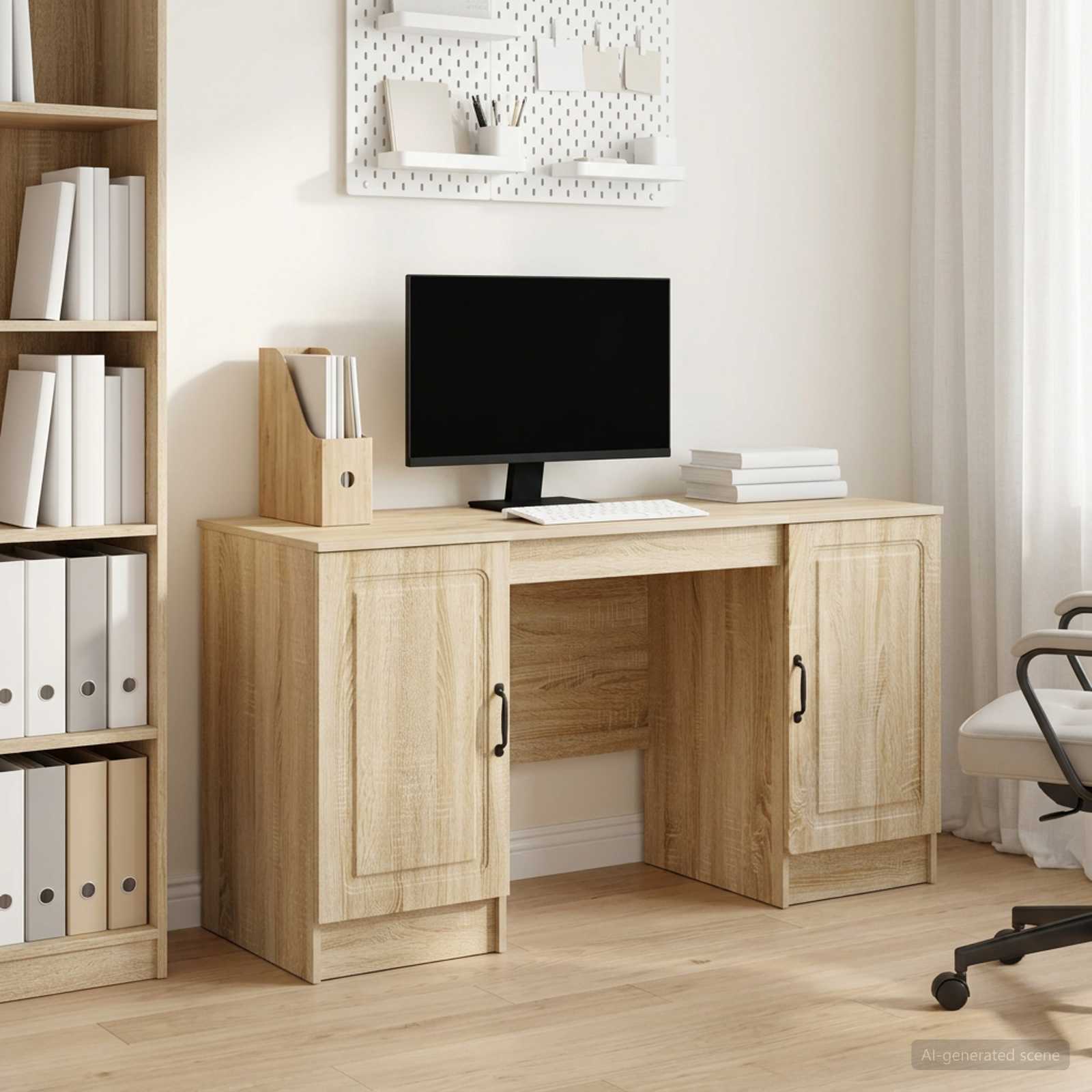 Skrivebord med hylder - Sonoma-eg, 142,5 × 50 × 75 cm, konstrueret træ
