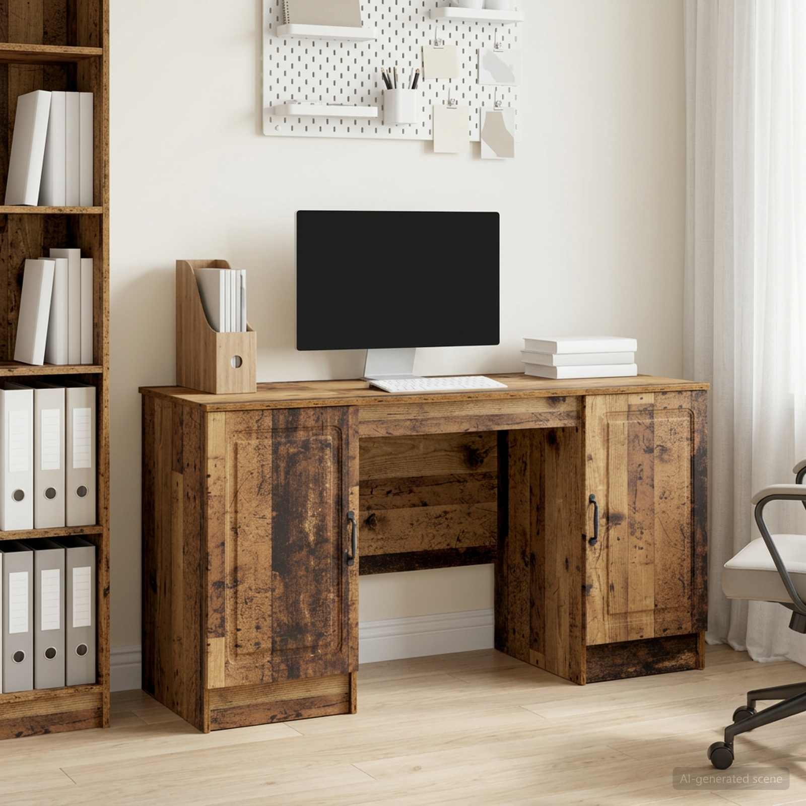 Skrivebord med hylder - gammelt træ look, 142,5 × 50 × 75 cm, konstrueret træ