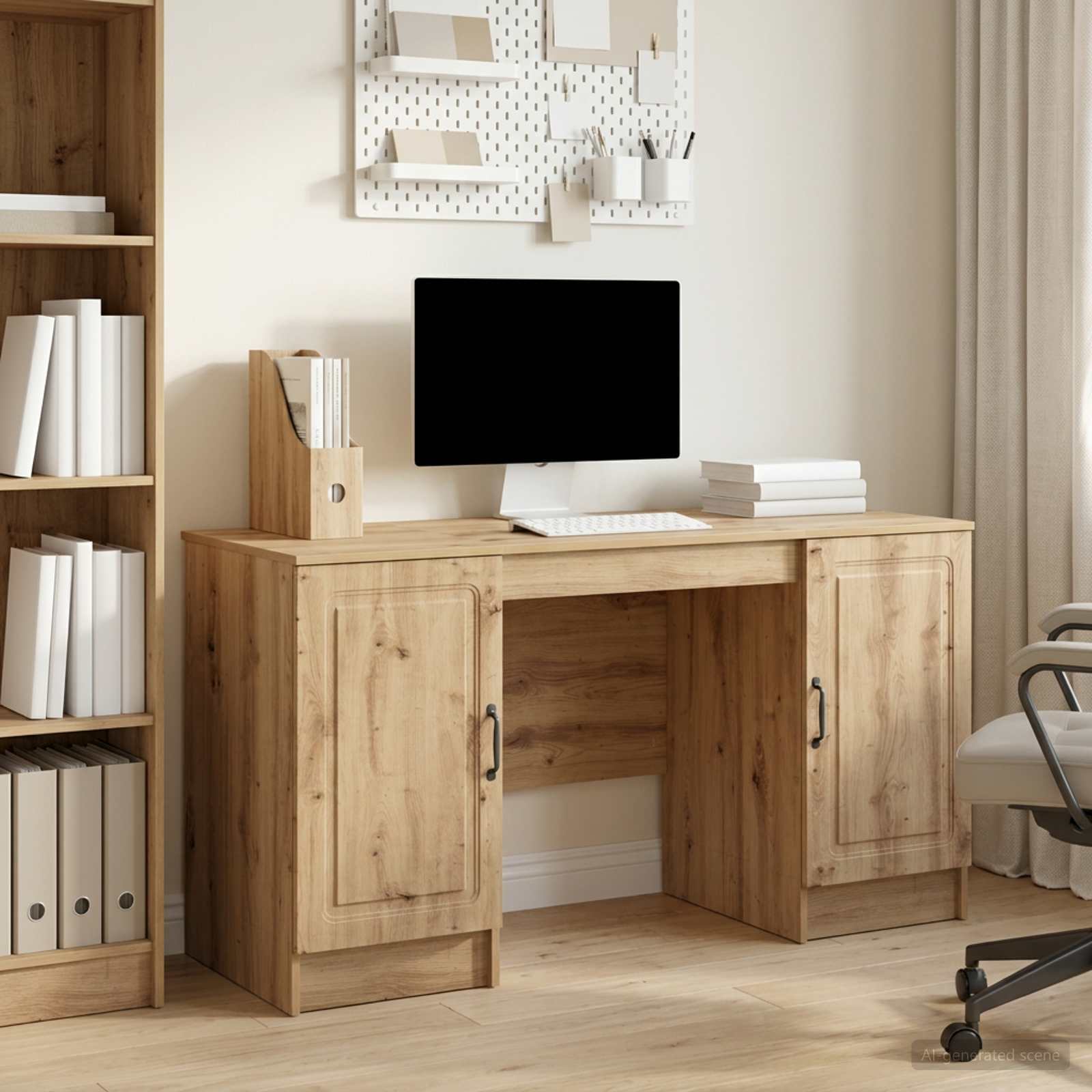 Skrivebord med hylde - artisan-eg, 142,5 × 50 × 75 cm, konstrueret træ
