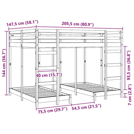 Trippel køjesengramme Gyldenbrun 140 x 200 cm Massiv fyrretræ