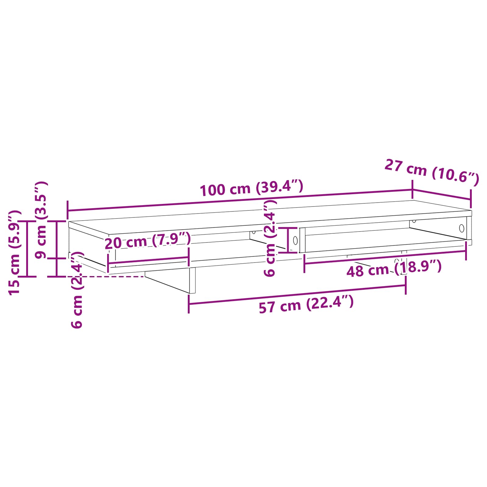 Monitor Stativ med hylde Sort 100 x 27 x 13 cm Konstrueret træ