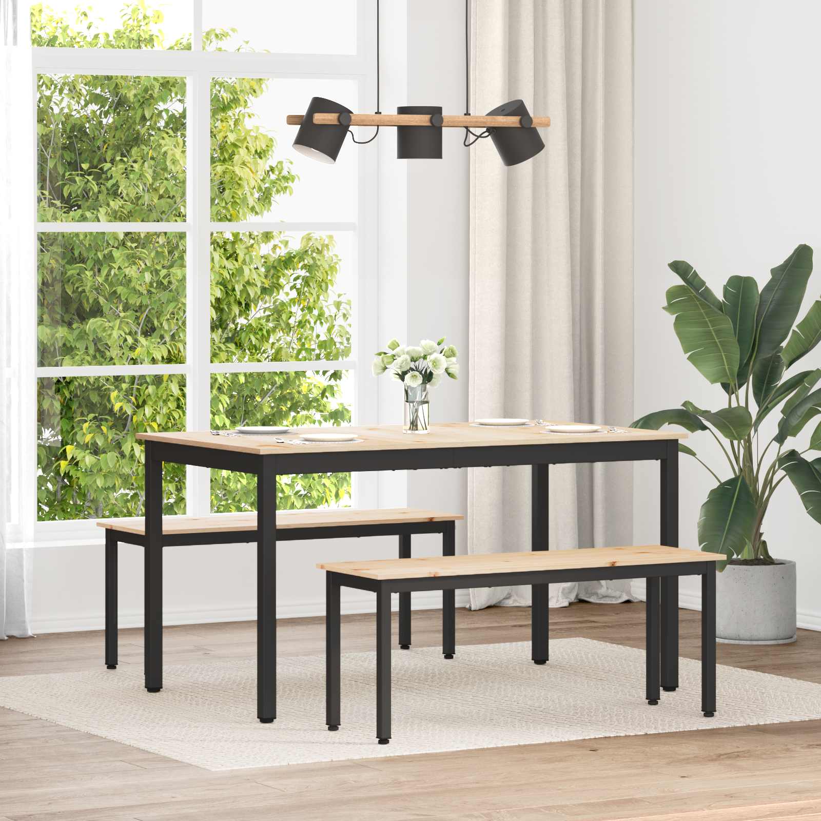 Bænk i massiv fyrretræ med metalben - natur, 110 × 35 × 45 cm