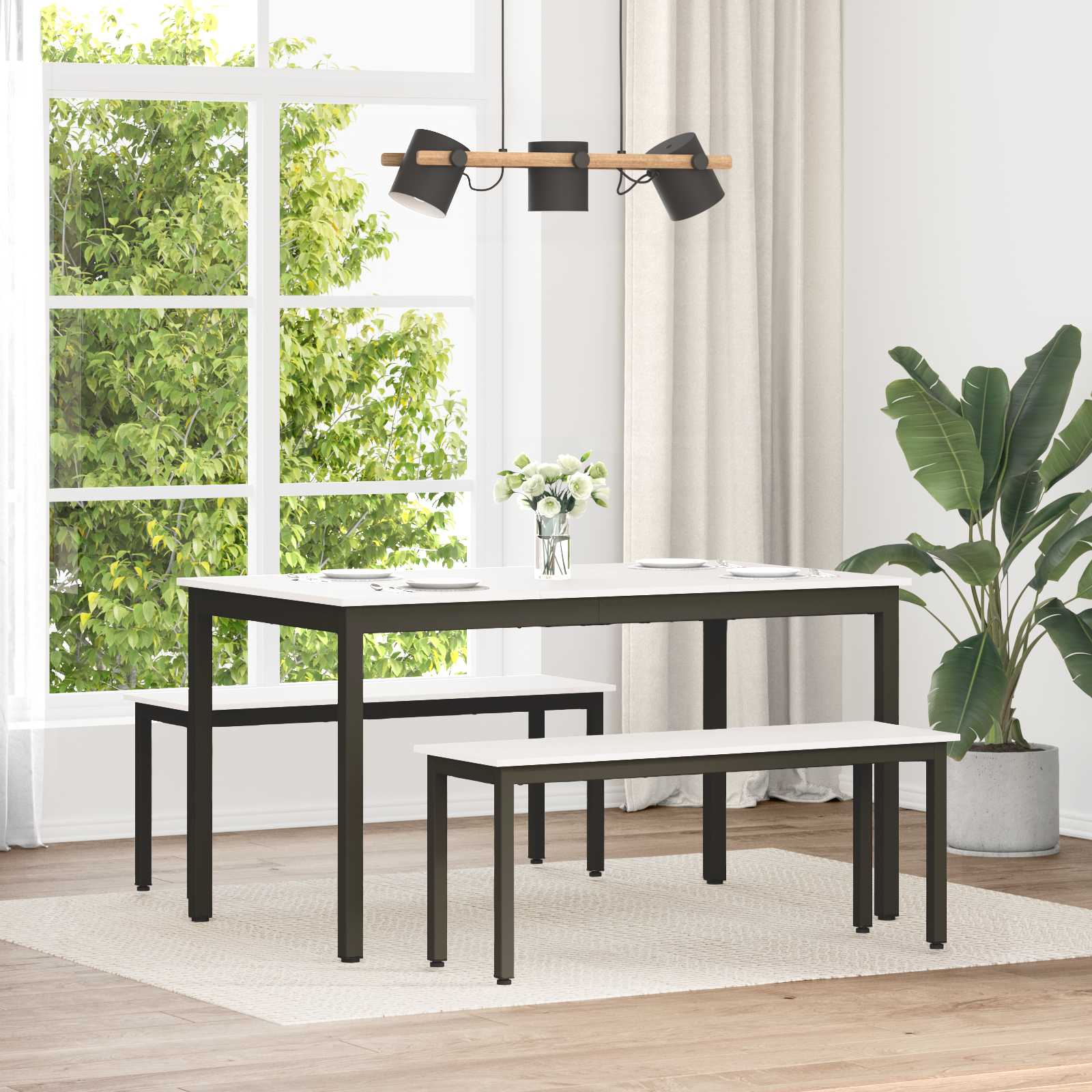 Bænk i massiv fyrretræ - hvid, 110 × 35 × 45 cm med metalben