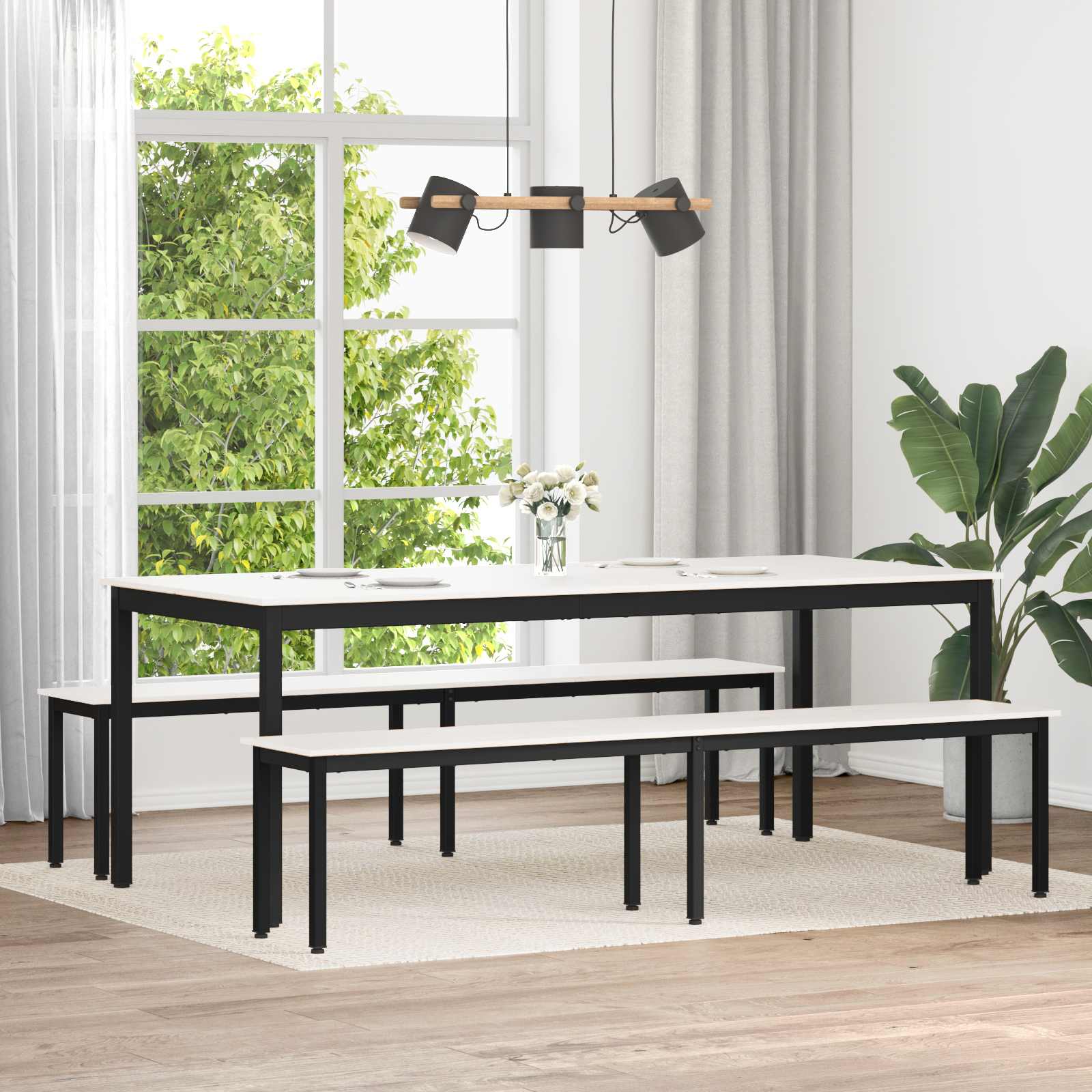 Bænk i hvidt fyrretræ med metalben - 200 × 35 × 45 cm