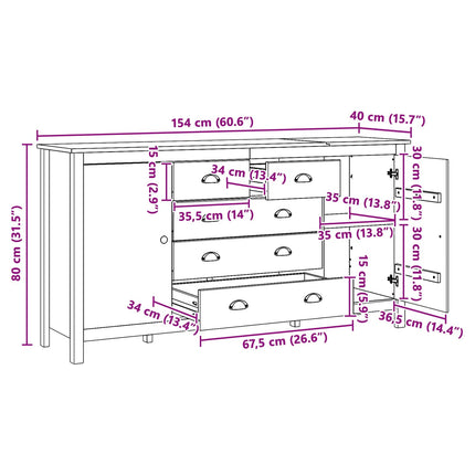 Sideboard HILL Honningbrun 154 x 40 x 80 cm Massivt fyrretræ