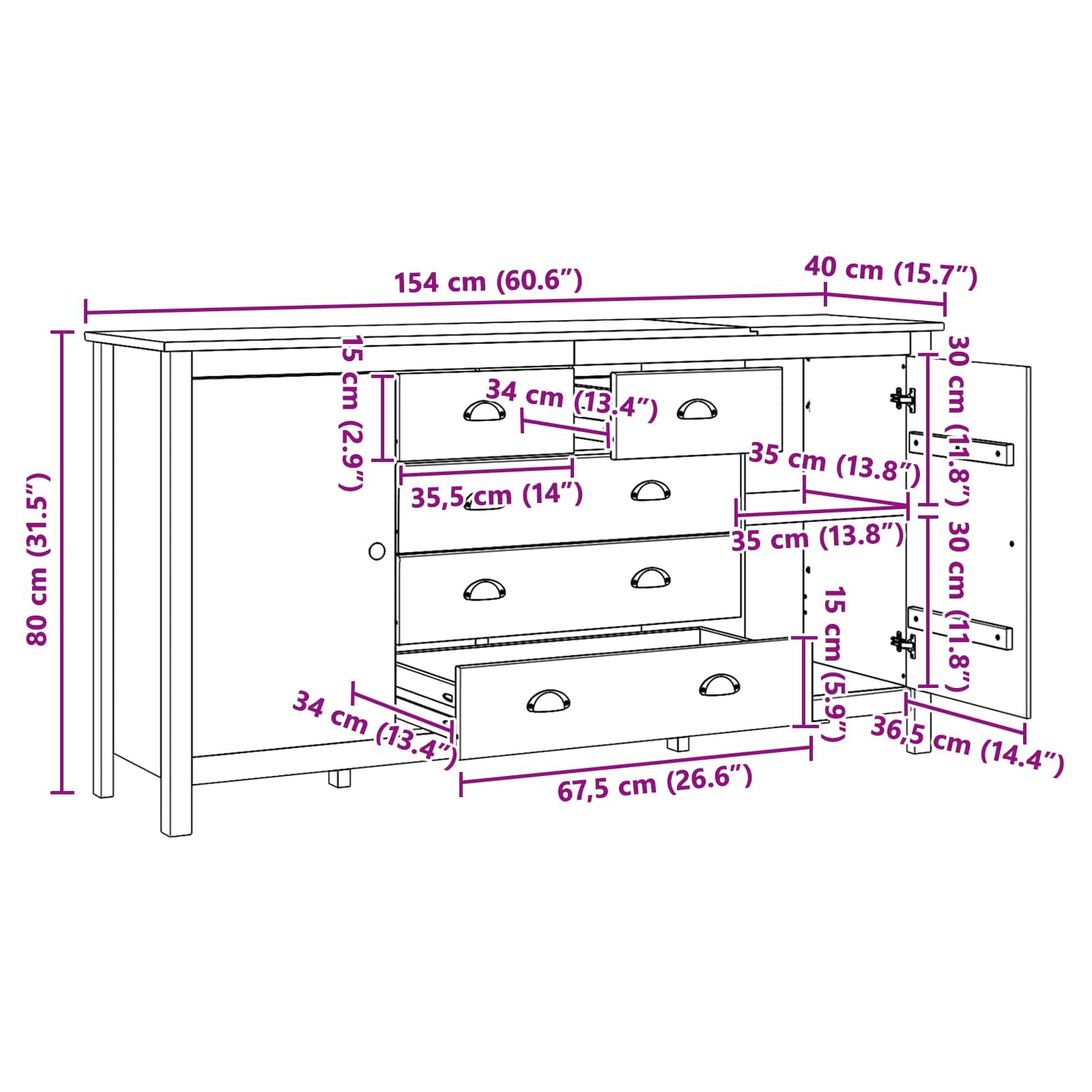 Sideboard HILL Honningbrun 154 x 40 x 80 cm Massivt fyrretræ